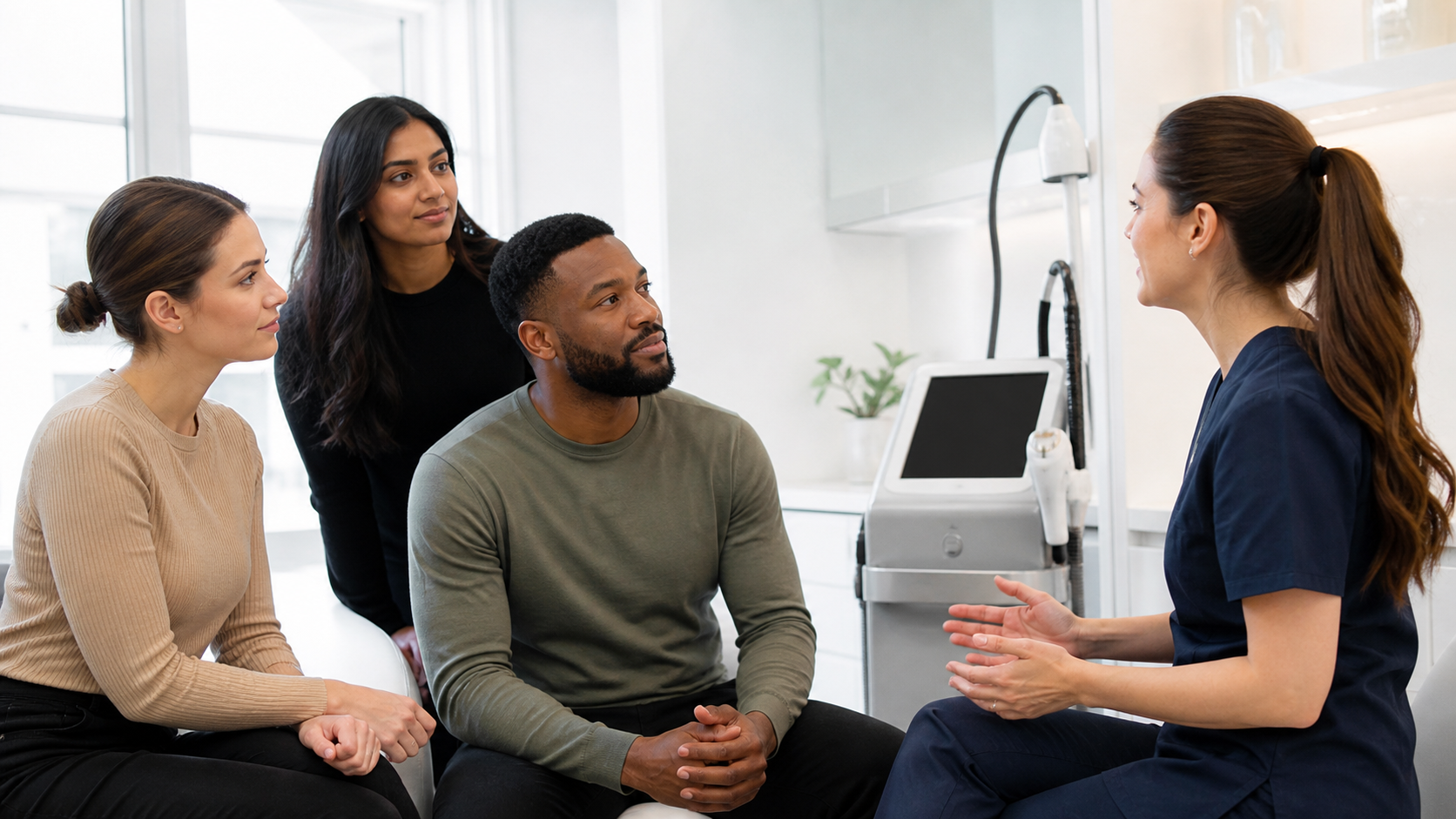 Diverse clients discussing laser hair removal for different skin tones with a practitioner